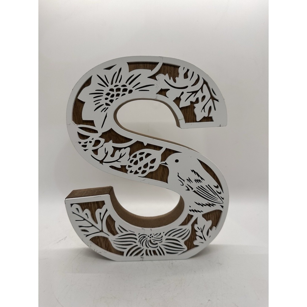 Decorative Letter S Wood Wall Decor Floral Bird‎ Monogram Farmhouse White